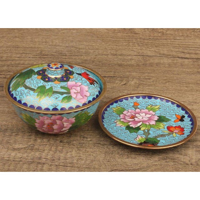 Vintage Cloisonné Enamel Lidded Bowls With Saucers – Floral & Bird Motif - Set of 4 For Sale - Image 12 of 18