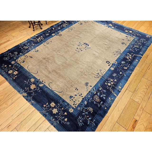 Antique Chinese Peking Rug, Wool Pile, Tan Field, Navy Border, 9' x 12' For Sale - Image 4 of 17