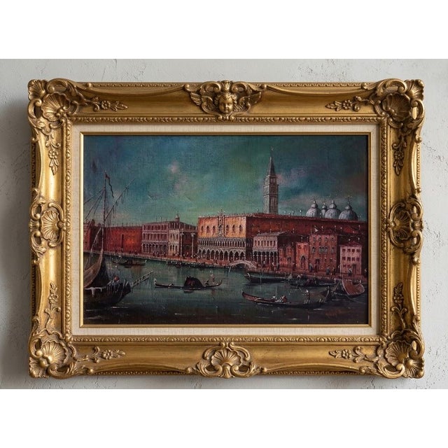 Teal Vintage Venetian Lagoon and Grand Canal Architectural Oil Painting For Sale - Image 8 of 8