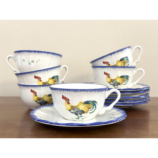 6 sets of Lunéville Les Coqs Rooster cups and saucers, featuring the beloved French country farm motif with a proud...