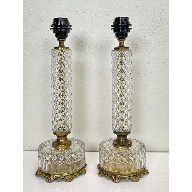 Mid-Century Modern French Cut Glass or Crystal Table Lamps, 1950s, Set of 2 For Sale - Image 3 of 14