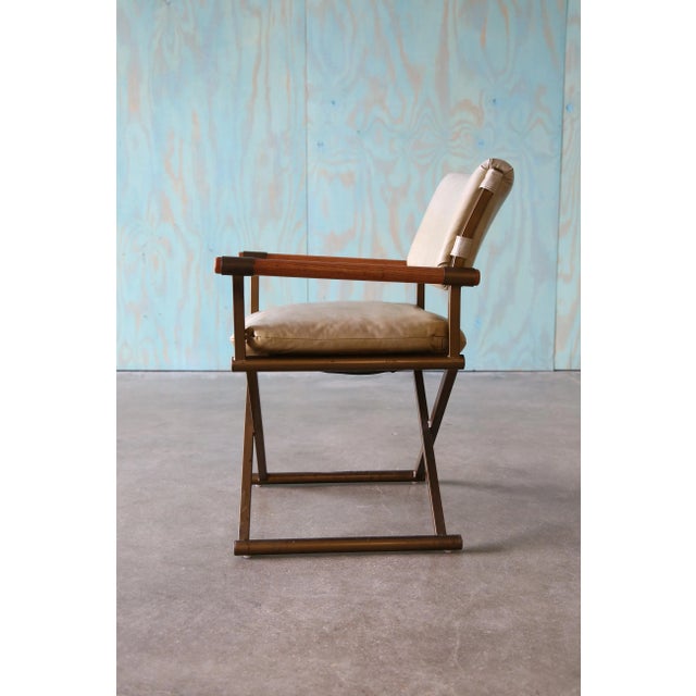 Beige 1970s Cal Style Director Chairs Oak Brass and Vinyl Set of 4 For Sale - Image 8 of 11