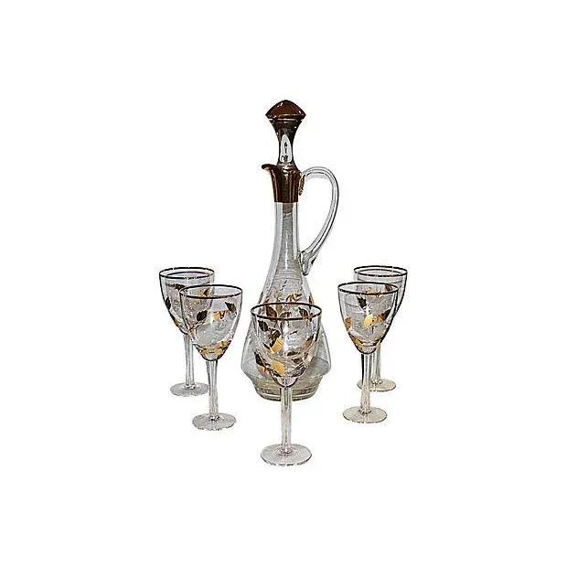 Crystal & 22K Gold Decanter & Five Glasses For Sale