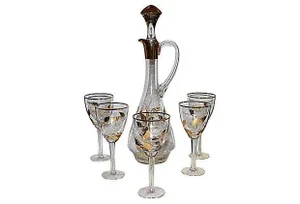 Crystal & 22K Gold Decanter & Five Glasses