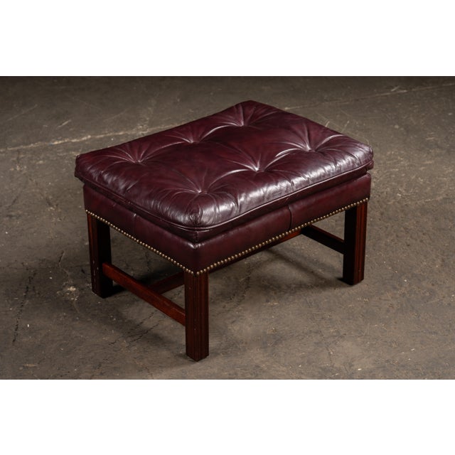 Mid 20th Century Mid 20th Century Tufted Leather Wingback Chesterfield Armchair With Ottoman in Oxblood For Sale - Image 5 of 15