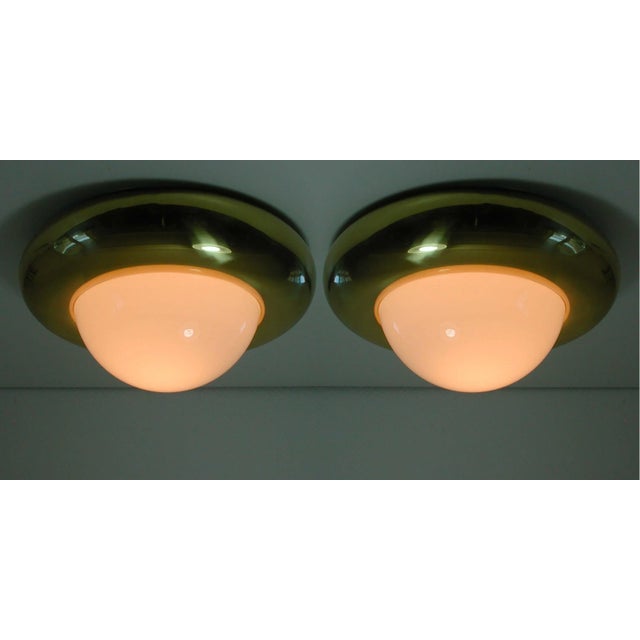 White Mid-Century Italian Brass & Glass Flush Mount Ceiling Light from Valenti Luce, Milano For Sale - Image 8 of 11