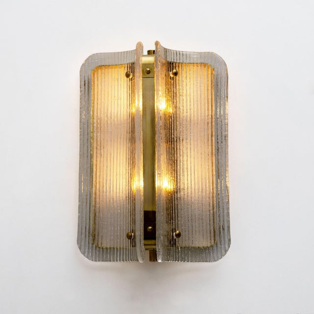 Curved Clear Ribbed Murano Glass and Brass Wall Sconces, 2000, Set of 2 For Sale - Image 6 of 9