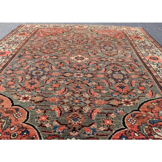 Early 20th Century Antique Persian Malayer Rug With Teal Field and Coral Spandrel Design 4'7 X 6'3 For Sale - Image 5 of 11