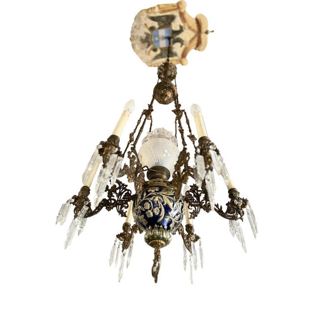 French 7-Light Chandelier in Bronze, Majolica and Crystal, 1930s For Sale
