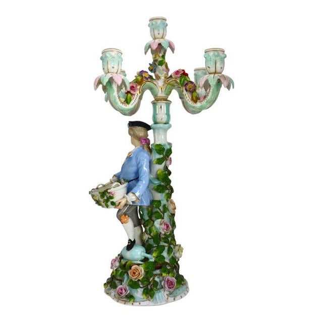 Rococo Pair 21" Meissen Style Figural & Floral Porcelain Candelabras C1890 For Sale - Image 3 of 18