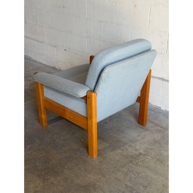 Teak Blue Lounge Chair Fabric Upholstered Armchair Wooden Living Room Seating Denmark 1980s For Sale - Image 4 of 9