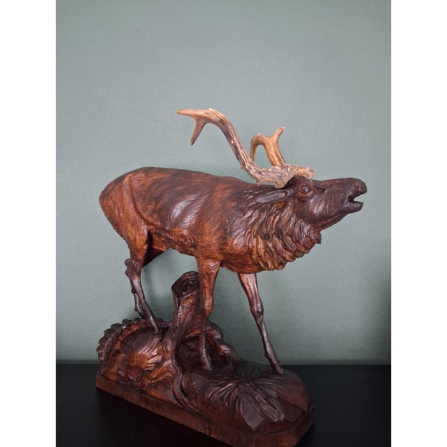 Antique Black Forest Glass and Carved Wood Sculpture of a Roaring Stag, 1950s For Sale - Image 10 of 10