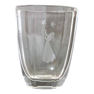 Art Deco Orrefors Intaglio Crystal Vase Girl With Birds Sweden Vicke Lindstrand For Sale