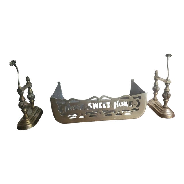 1920s "Home Sweet Home" Solid Brass Fireplace Fender and Fireplace Dogs Set- 3 Pieces For Sale