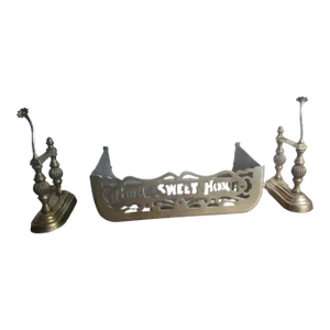 1920s "Home Sweet Home" Solid Brass Fireplace Fender and Fireplace Dogs Set- 3 Pieces
