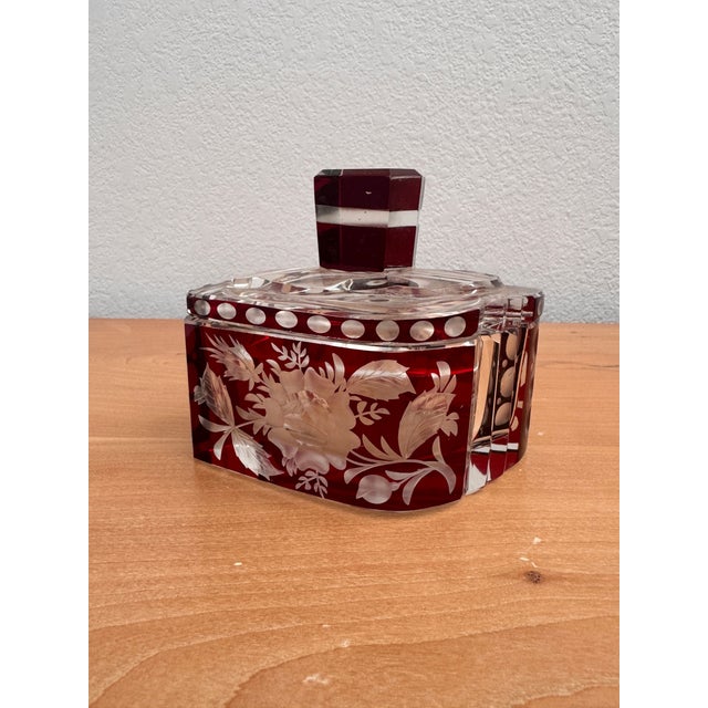 Art Deco Antique Czech Bohemian Ruby Red Art Deco Hand Cut to Clear Crystal Trinket Box, C. 1920s For Sale - Image 3 of 11