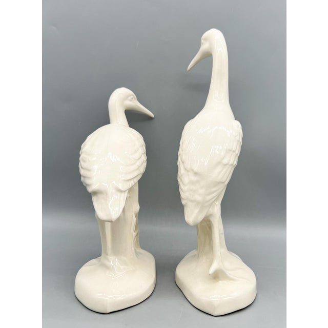 1980s Pair of 1984 Hand-Signed Cream Ceramic Crane Sculptures – Hollywood Regency / Coastal / Art Deco Revival For Sale - Image 5 of 12