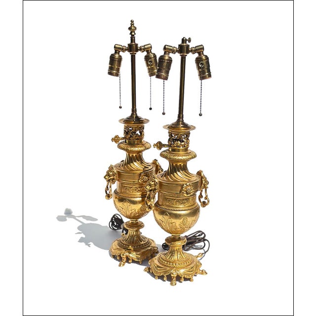 Neoclassical French Empire/NeoClassical Gilt Bronze W/Lion Heads Lamps-Set of Two For Sale - Image 3 of 7