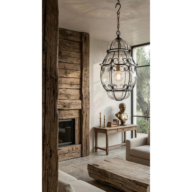 Barovier Seguso & Ferro Large Mid-Century Italian Rustic White Glass & Wrought Iron Pendant Light For Sale - Image 4 of 4