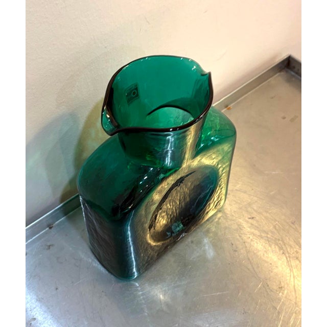 Blenko midcentury hand-blown glass teal pitcher. Excellent condition.