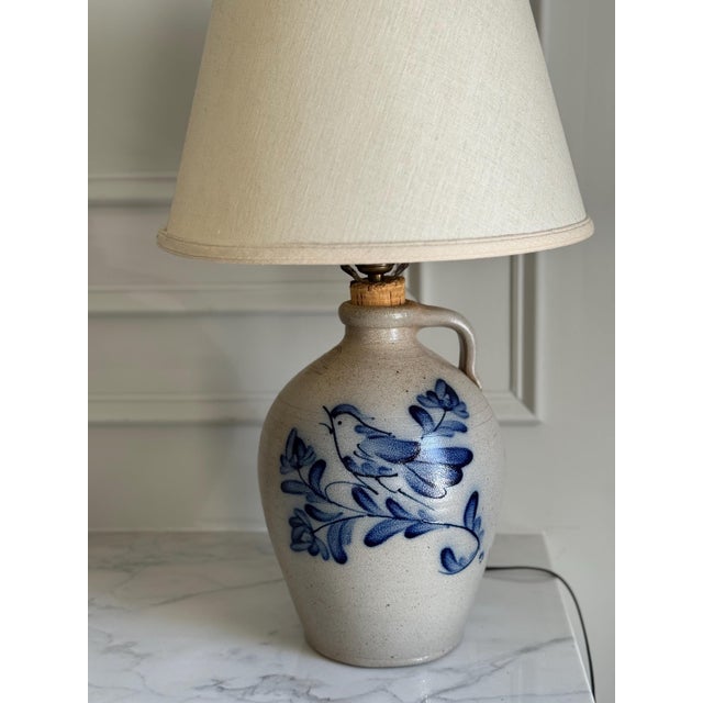 Vintage Rowe Pottery Works Salt Glazed Stoneware Cobalt Blue Bird Jug Table Lamp 25" For Sale - Image 15 of 18