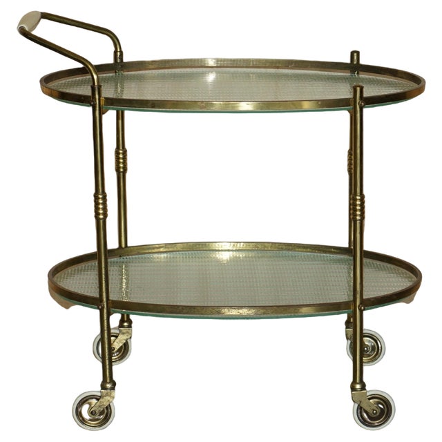 Art Deco Frosted Glass & Polished Brass Drinks Trolley, 1920s For Sale