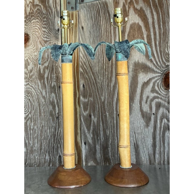 Wood Vintage Coastal Verdigris Palm Lamps - a Pair For Sale - Image 7 of 9