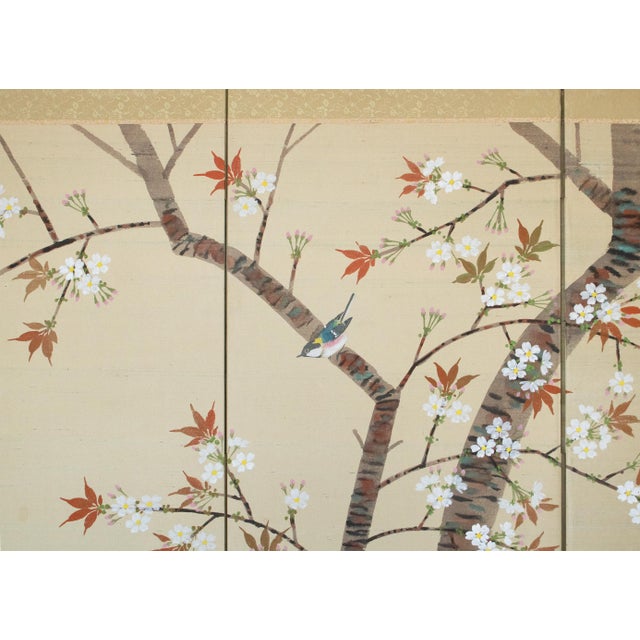 1960s 1960s "Blue and White Flycatchers and Blossoming Plum Tree", Showa Japanese Byobu Screen For Sale - Image 5 of 18