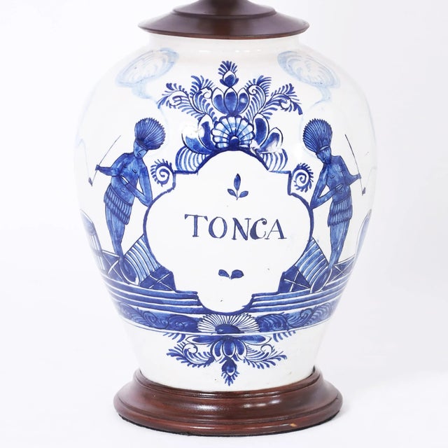Late 19th Century Pair of Antique Dutch Blue and White Porcelain Spice Jar Table Lamps For Sale - Image 5 of 6