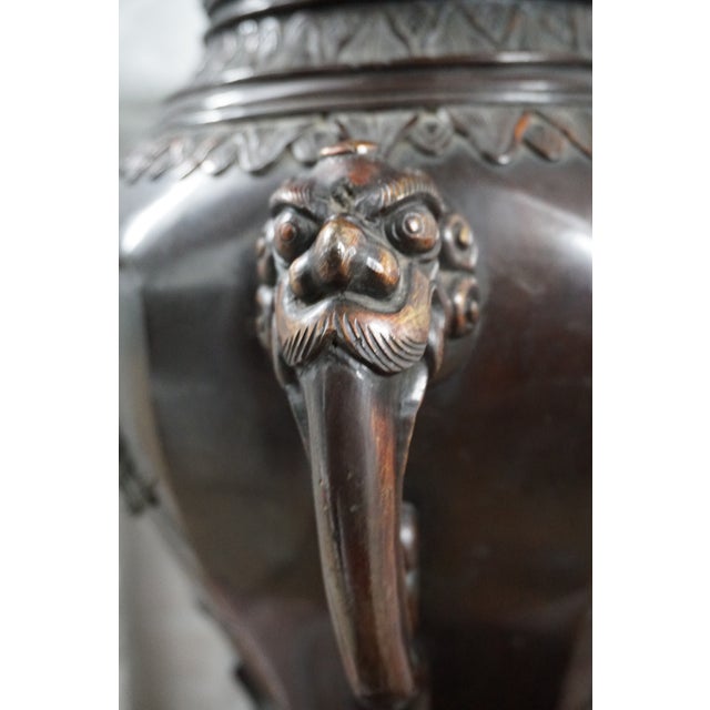 Metal Monumental Japanese Patinated Bronze Crane Floor Vase With Shishi Lion Handles | Meiji Style For Sale - Image 7 of 12