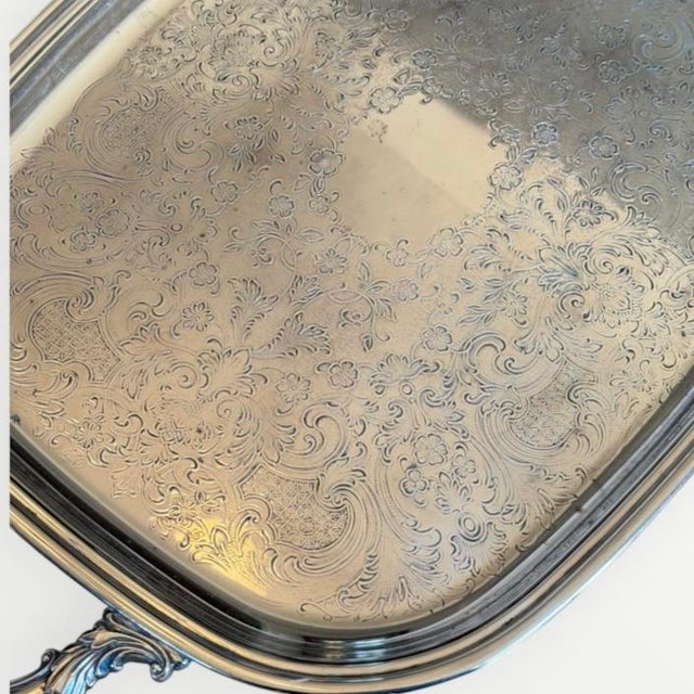 Mid 20th Century Vintage Silver Plate Large Butler's Buffet Tray With Handles and Feet For Sale - Image 5 of 18