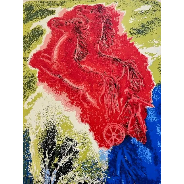 'Elijah and the Chariot' or 'Fire Chariot' Signed Framed Lithograph by Reuven Rubin. It depicts horses and a chariot. The...