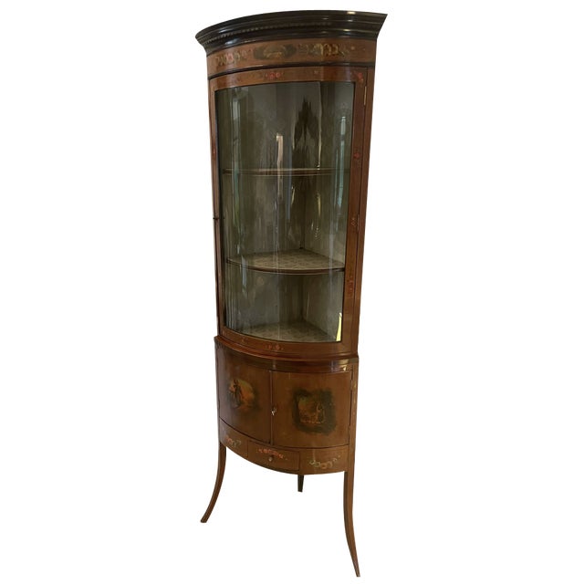 Victorian Mahogany and Painted Decorated Bow Fronted Corner Display Cabinet, 1880s For Sale