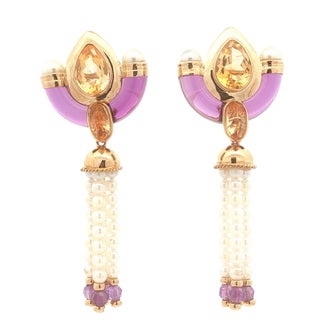 Late 20th Century Pair of Citrine and Pearl Fringe Earrings For Sale
