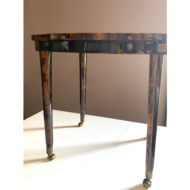 Maitland Smith Tessellated Faux Tortoise Shell Oval Table W Brass Inlay & Casters For Sale - Image 10 of 13