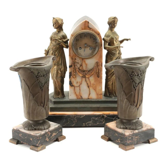 Late 19th Century French Art Nouveau Marble Clock Garniture - 3 Pieces For Sale - Image 9 of 9