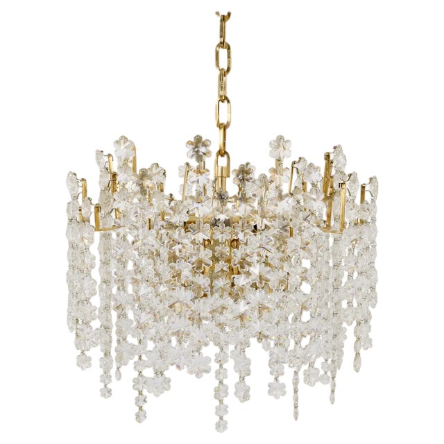 Gold-Plated Snowflake Crystal, Glass and Brass Chandelier from Bakalowits & Söhne, 1970s For Sale