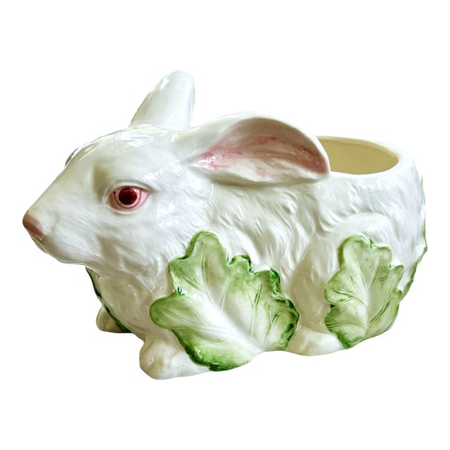 Vintage Hand Painted Bunny Rabbit Planter in Cabbage Leaves For Sale