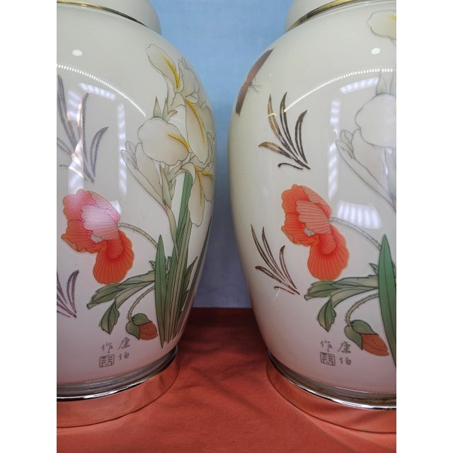 Mid-Century Oriental Ginger Jar Table Lamp Hand Painted Signed Set of 2 For Sale In Naples, FL - Image 6 of 10