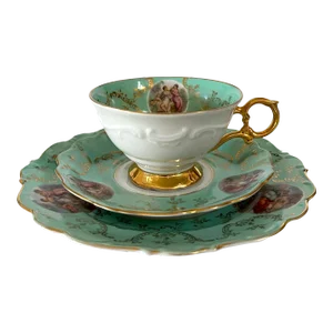 Mid 20th Century Dresden Germany Martha Budich Hand-Painted Green & Gold Teacup, Saucer, and Plate - Set of 3
