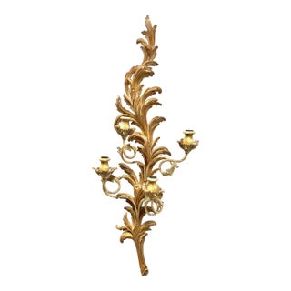 Marbro Lamp 1980's Large Whitewashed Wood Foliate Carved Candle Sconce For Sale