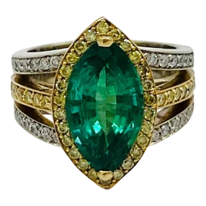 Emerald Marquise & White Round Diamond Ring in 18k 2 Tone Gold Size 7