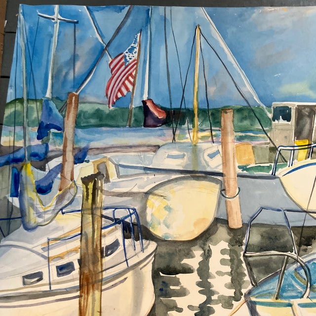 Mid-Century Modern 1980’s Original Vintage Sale Boats in Harbor Watercolor Painting Signed For Sale - Image 3 of 5
