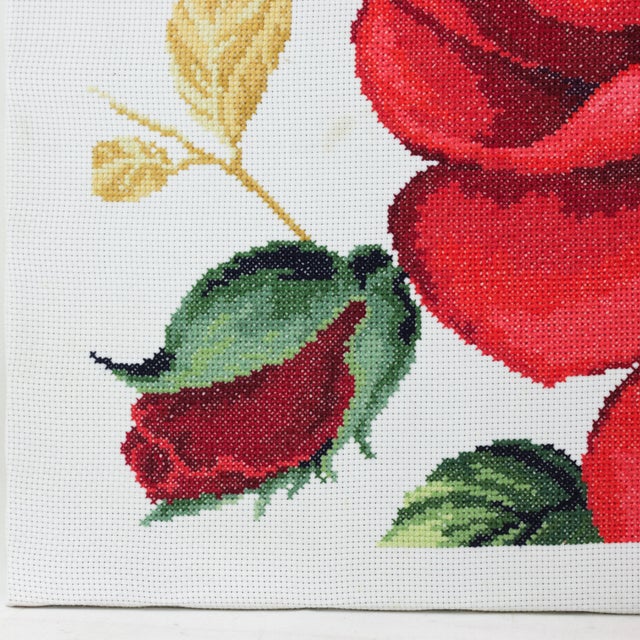 Vintage Floral Needlepoint Textile Art – Bold Red Rose Blossom and Botanical Leaf Motif For Sale In New York - Image 6 of 9