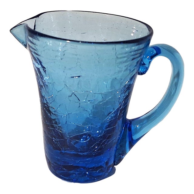 C 1960 Pilgrim Glass Co. Sapphire Blue Crackle Glass Mini Pitcher For Sale