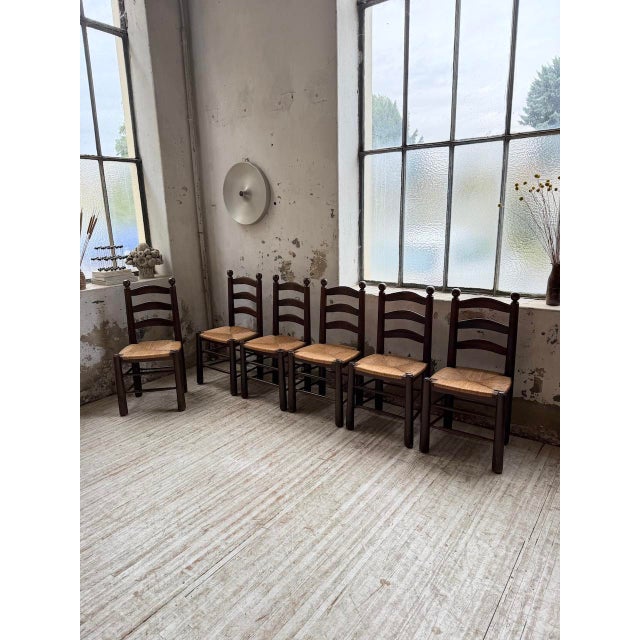 Brown Oak and Straw Chairs by Dudouyt, 1940s, Set of 6 For Sale - Image 8 of 18