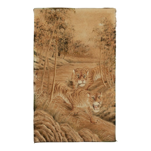 Handwoven Antique Japanese Tapestry in Beige-Brown Tiger Pictorials For Sale