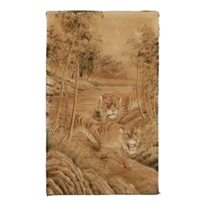 Handwoven Antique Japanese Tapestry in Beige-Brown Tiger Pictorials
