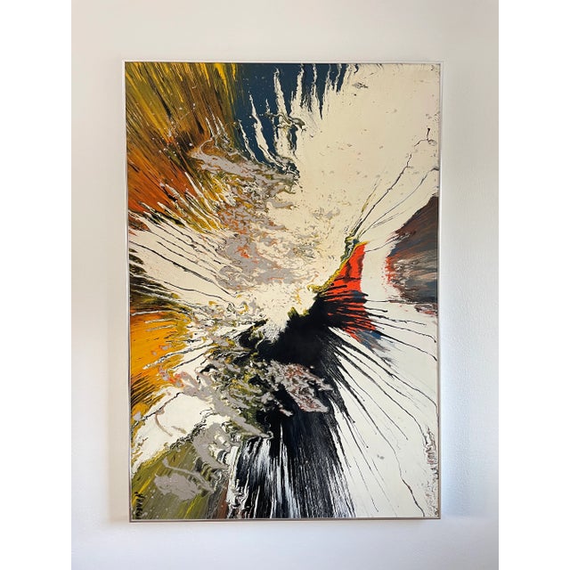 White, blue, green, red, orange, yellow, black and metallic gray oil paints collide and explode in this signed...