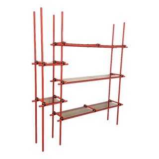 Vintage Italian Bauhaus Style Bookcase in Red Metal and Smoked Glass, 1970s For Sale